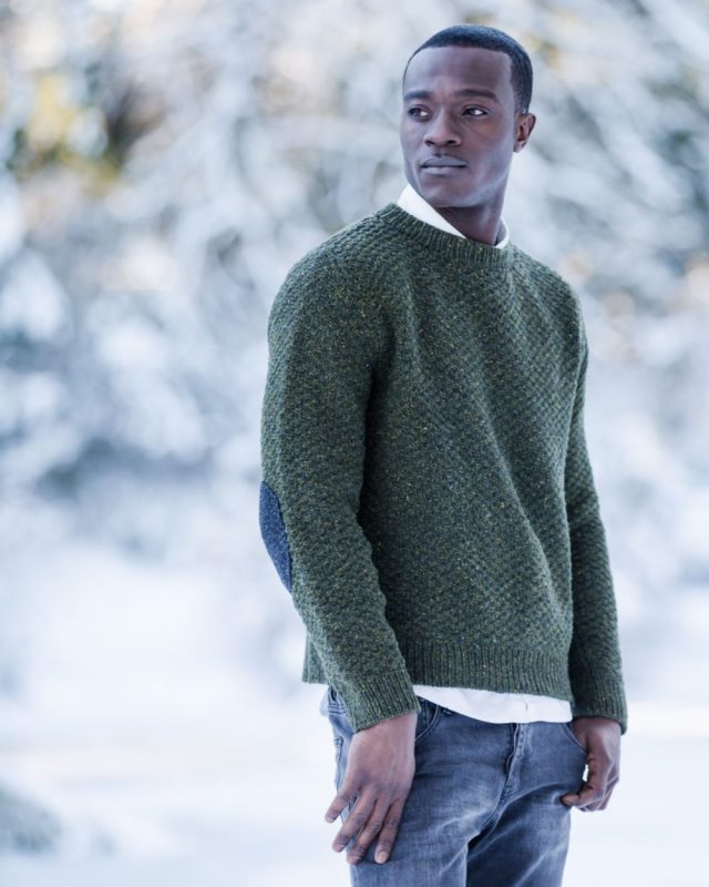 Model wearing the Brooklyn Tweed Essentials Fort Pattern Finished Knit Example