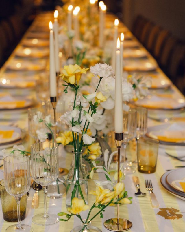 Table spread using locally grown flowers for a wedding by Sauveur. Image credit Lucy Davenport